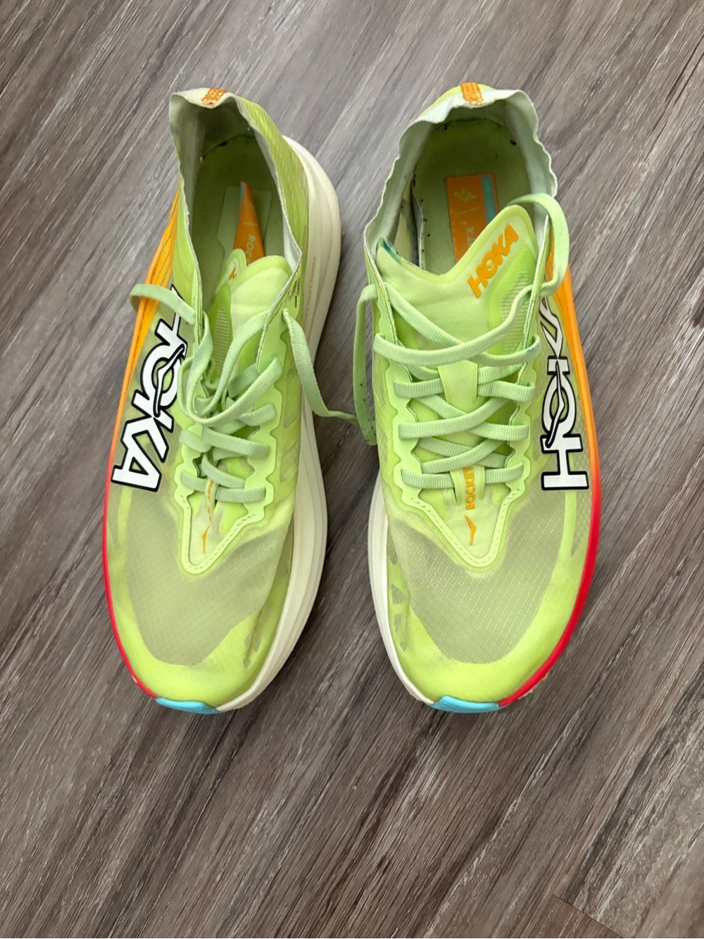 Hoka Neon Lime Running Shoes with Rainbow Sole Accents